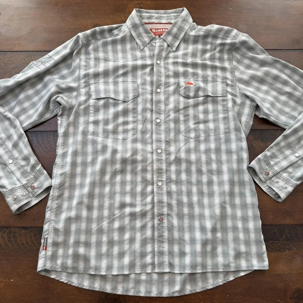 Simms Shirt Mens Medium Gray‎ Plaid Pearl Snap Long Sleeve Fishing Nylon Barfly - Picture 2 of 13